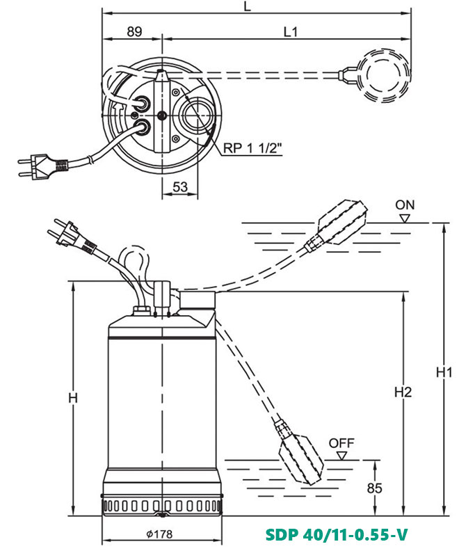 Kích thước máy bơm chìm Wilo SDP 40/11-0.55-V