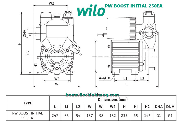 Kích thước tổng thể bơm Wilo PW BOOST INITIAL 250EA