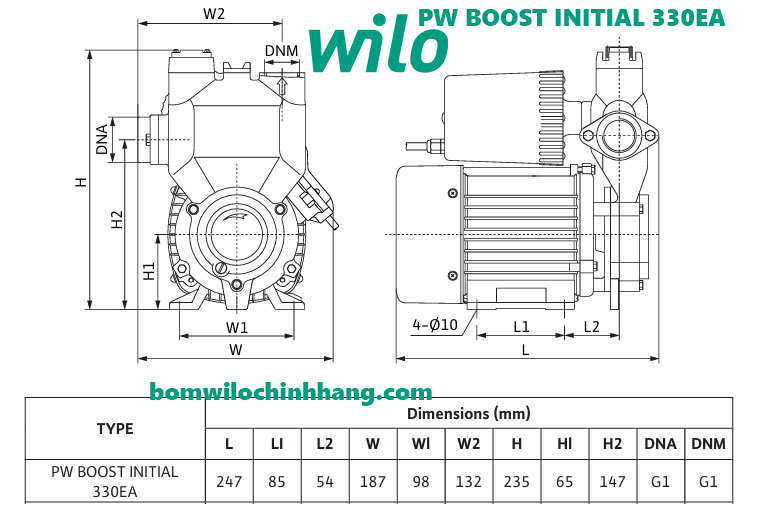 Kích thước tổng thể bơm Wilo PW BOOST INITIAL 330EA