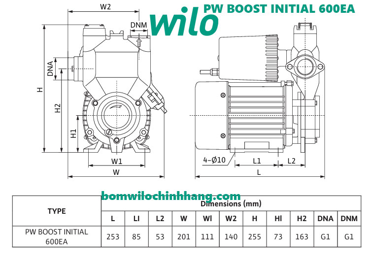 Kích thước tổng thể bơm Wilo PW BOOST INITIAL 600EA