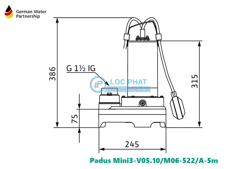 Kích thước bơm chìm nước thải inox Wilo Padus Mini3-V05.10/M06-522/A-5m