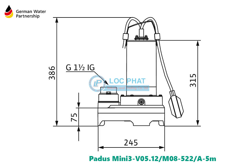 Kích thước bơm chìm nước thải inox Wilo Padus Mini3-V05.12/M08-522/A-5m