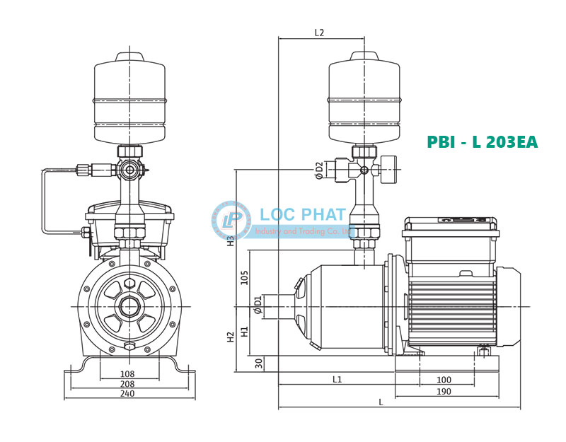 Kích thước bơm tăng áp biến tần Wilo PBI - L 203EA