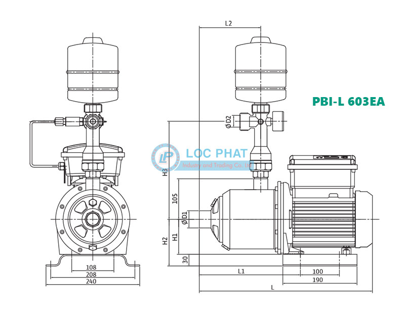 Kích thước bơm tăng áp biến tần Wilo PBI-L 603EA