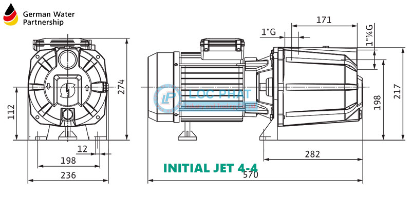 Kích thước máy bơm đầu bán chân không Wilo INITIAL JET 9-4