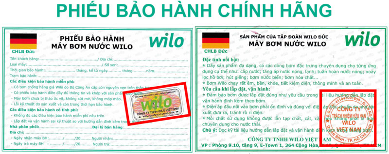 Phiếu bảo hành chính hãng bơm Wilo