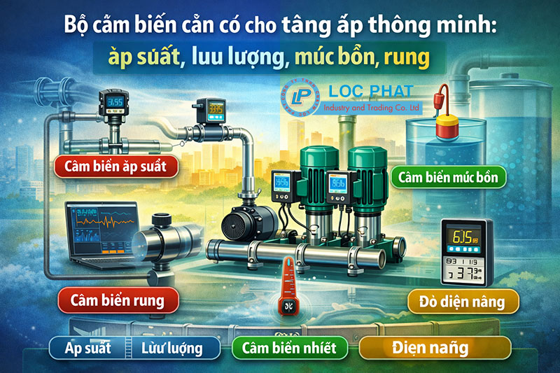Bộ cảm biến cần có cho tăng áp thông minh: áp suất, lưu lượng, mức bồn, rung, nhiệt, điện năng Bộ cảm biến cần có cho tăng áp thông minh: áp suất, lưu lượng, mức bồn, rung, nhiệt, điện năng
