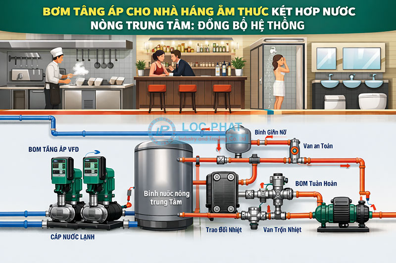 Bơm tăng áp cho nhà hàng ẩm thực kết hợp nước nóng trung tâm: đồng bộ hệ thống