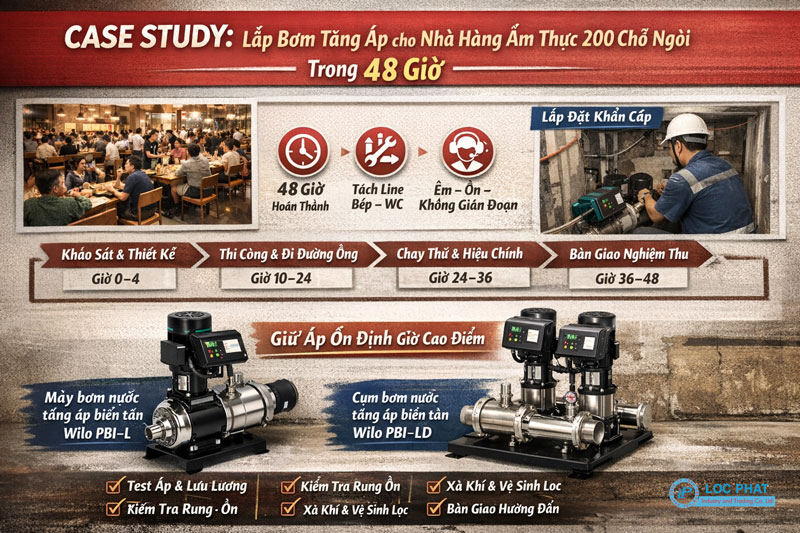Case study: lắp bơm tăng áp cho nhà hàng ẩm thực 200 chỗ ngồi trong 48 giờ