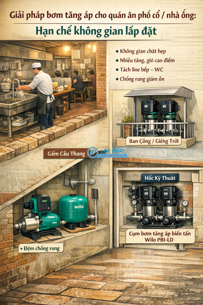 Giải pháp bơm tăng áp cho quán ăn phố cổ/nhà ống: hạn chế không gian lắp đặt