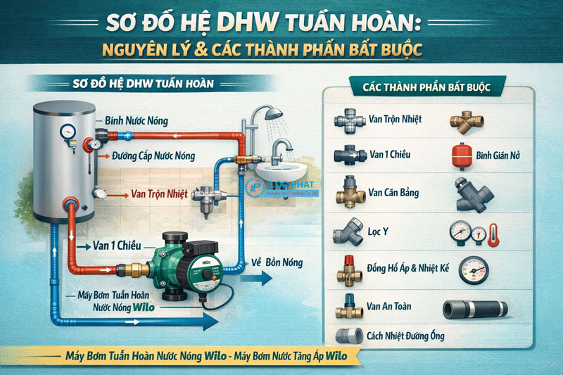 Sơ đồ hệ DHW tuần hoàn: nguyên lý & các thành phần bắt buộc