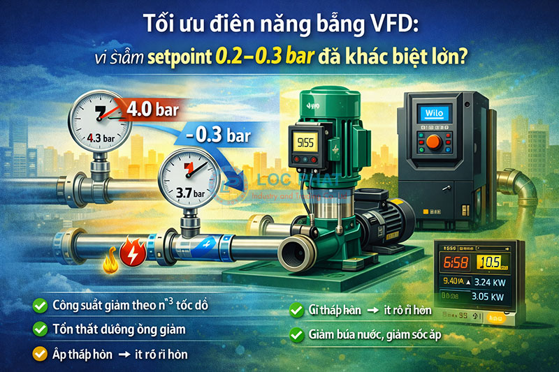 Tối ưu điện năng bằng VFD: vì sao giảm setpoint 0.2–0.3 bar đã khác biệt lớn?