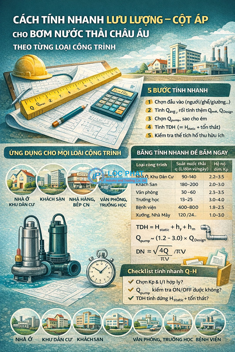 Cách tính nhanh lưu lượng – cột áp cho bơm nước thải Châu Âu theo từng loại công trình