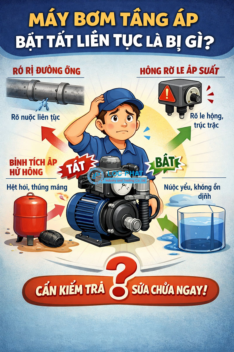 Máy bơm tăng áp bật tắt liên tục là bị gì?