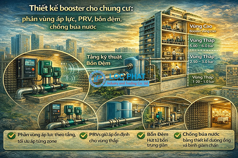 Thiết kế booster cho chung cư: phân vùng áp lực, PRV, bồn đệm, chống búa nước