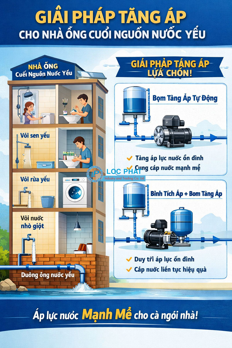 Giải pháp tăng áp cho nhà ống cuối nguồn nước yếu Giải pháp tăng áp cho nhà ống cuối nguồn nước yếu