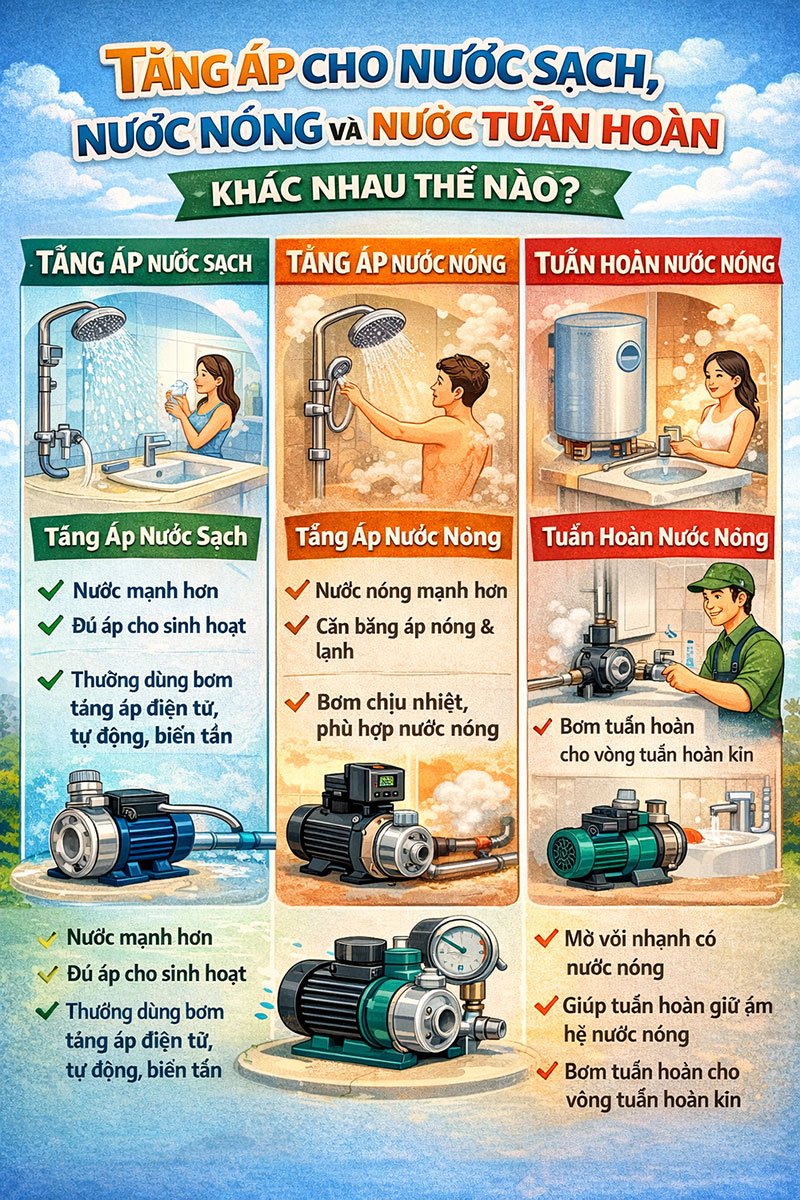 Tăng áp cho nước sạch, nước nóng và nước tuần hoàn khác nhau thế nào? Tăng áp cho nước sạch, nước nóng và nước tuần hoàn khác nhau thế nào?
