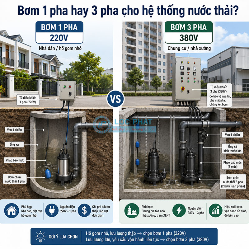 Bơm 1 pha hay 3 pha cho hệ thống nước thải? Bơm 1 pha hay 3 pha cho hệ thống nước thải?