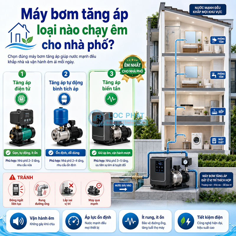 Máy bơm tăng áp loại nào chạy êm cho nhà phố?