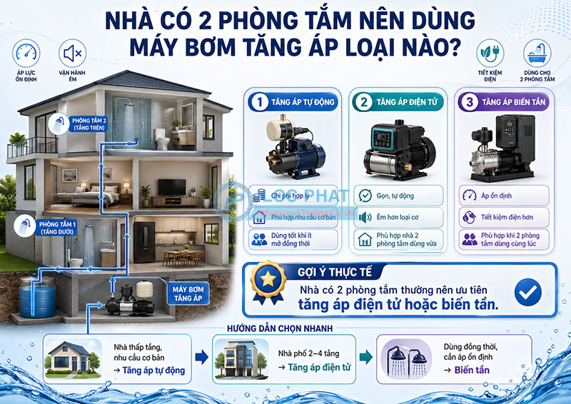 Nhà có 2 phòng tắm nên dùng máy bơm tăng áp loại nào?