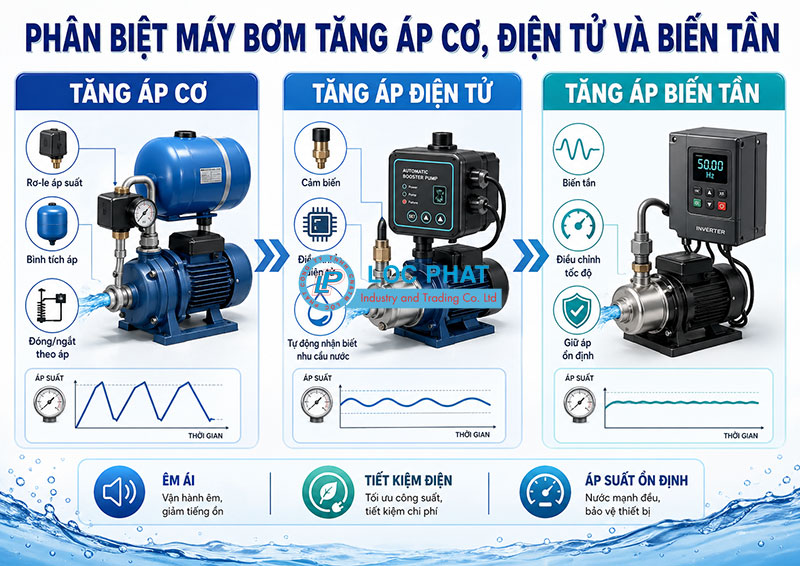Phân biệt máy bơm tăng áp cơ, điện tử và biến tần