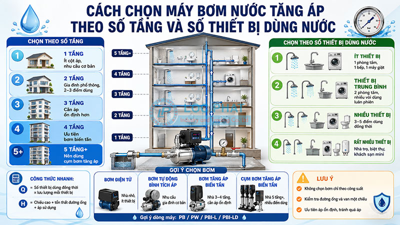 Cách chọn máy bơm nước tăng áp theo số tầng và số thiết bị dùng nước