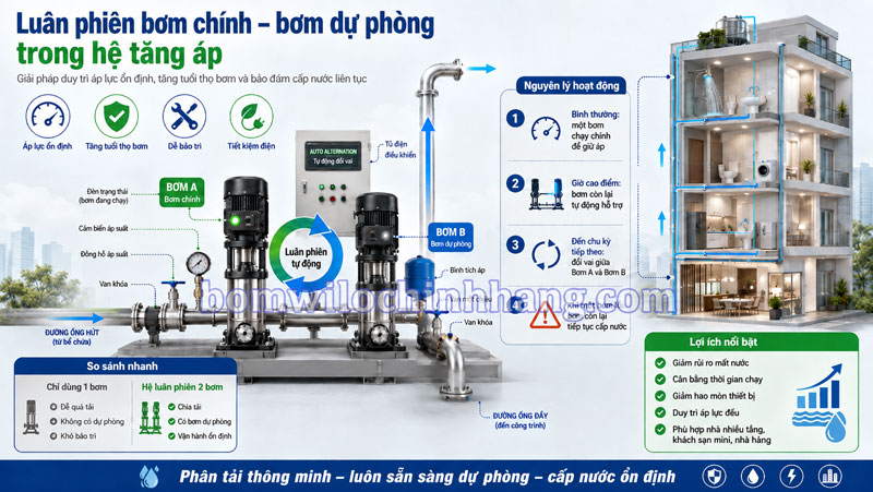 Luân phiên bơm chính – bơm dự phòng trong hệ tăng áp