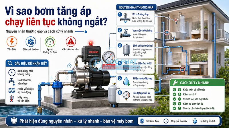 Vì sao bơm tăng áp chạy liên tục không ngắt?
