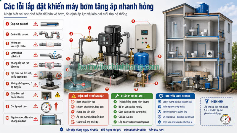 Các lỗi lắp đặt khiến máy bơm tăng áp nhanh hỏng Các lỗi lắp đặt khiến máy bơm tăng áp nhanh hỏng