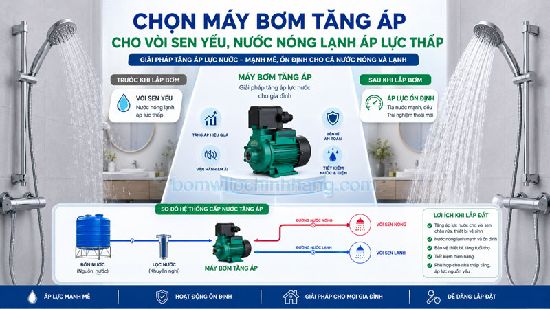 Chọn máy bơm tăng áp cho vòi sen yếu, nước nóng lạnh áp lực thấp Chọn máy bơm tăng áp cho vòi sen yếu, nước nóng lạnh áp lực thấp