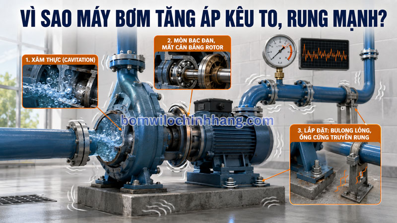 Vì sao máy bơm tăng áp kêu to, rung mạnh?