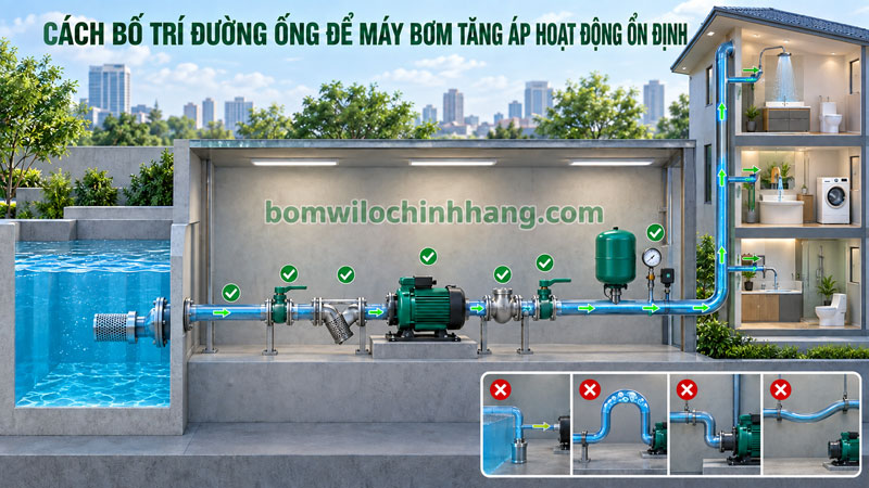 Cách bố trí đường ống để máy bơm tăng áp hoạt động ổn định