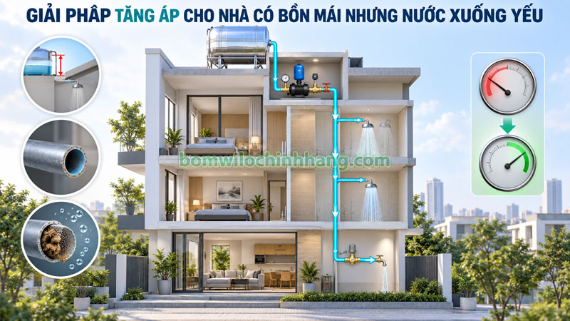 Giải pháp tăng áp cho nhà có bồn mái nhưng nước xuống yếu